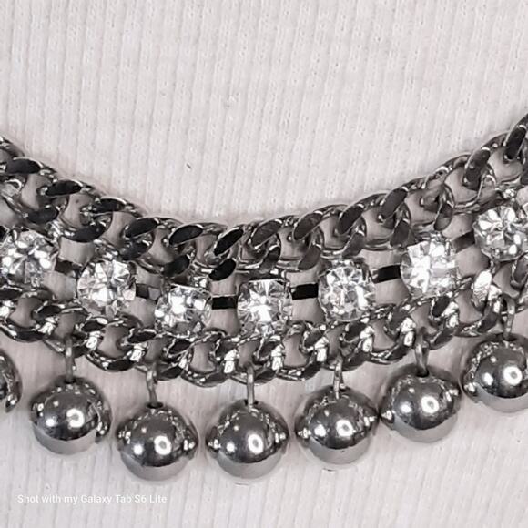 Silver Tone Bib Necklace Tribal Curb Chains Rhinestones And Beads - Picture 8 of 13
